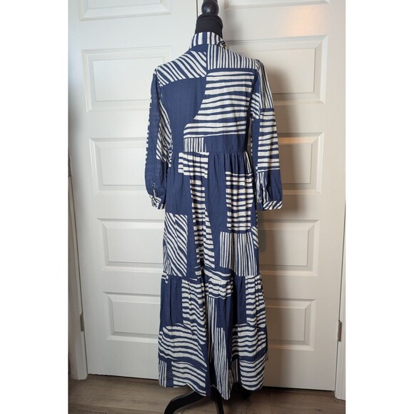 Zara Size S Maxi Shirt Dress Geometric Blue Collared Button Down Casual Chic - Picture 3 of 11